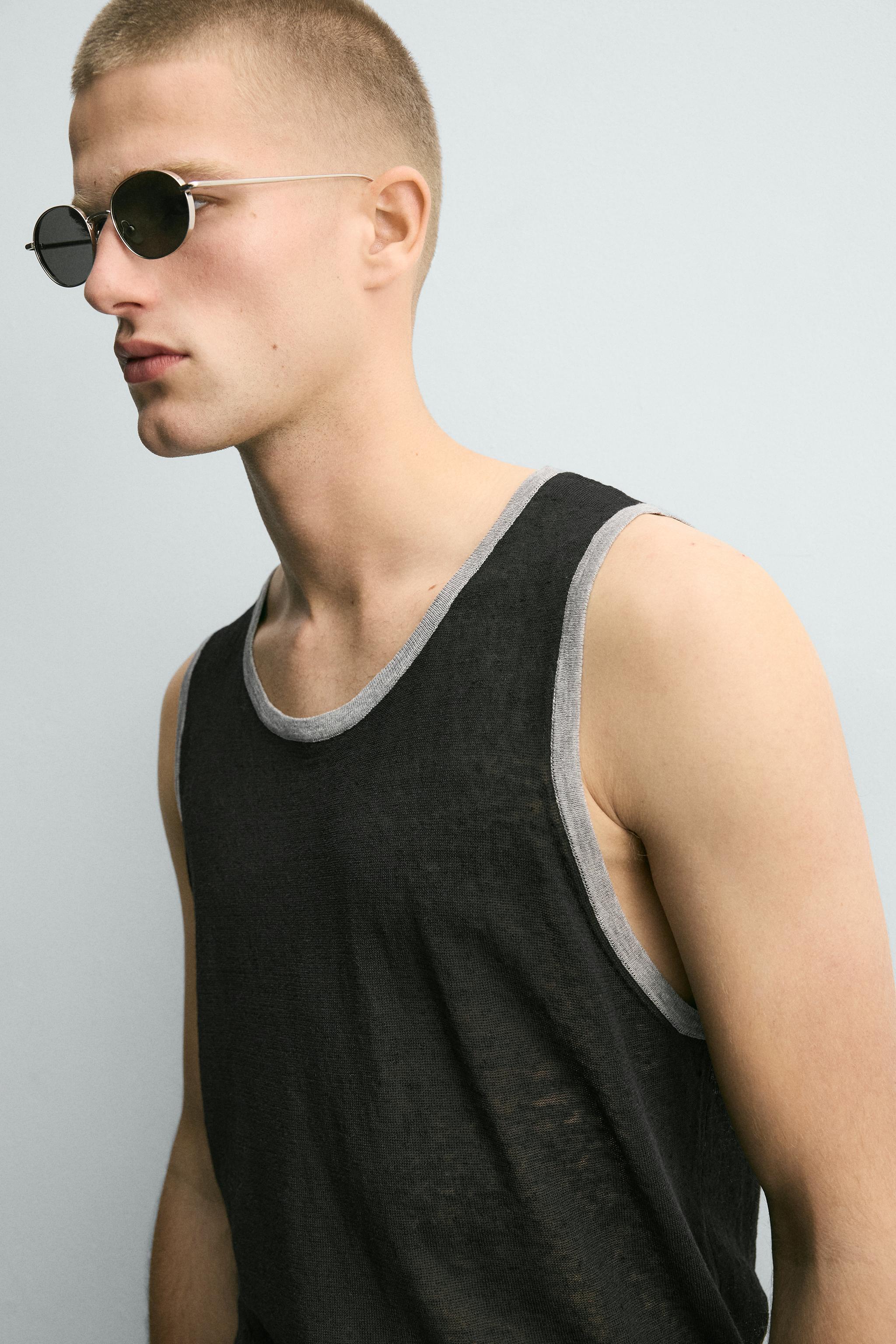 CONTRASTING LINEN BLEND KNIT TANK TOP